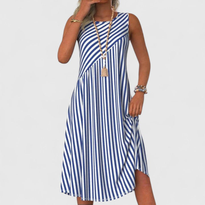 Women's sophisticated striped summer dress, sleeveless & versatile for beach, brunch, or casual everyday fashion.