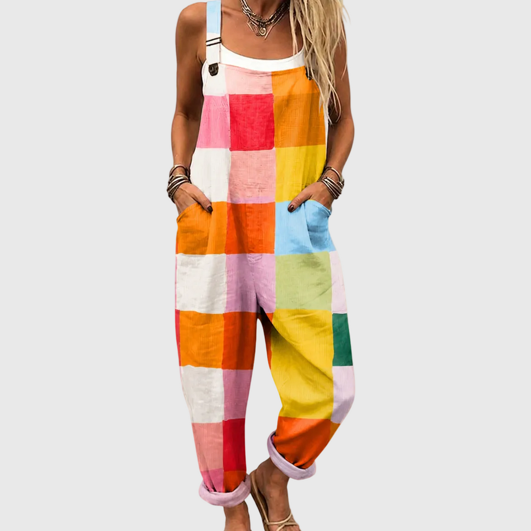 Vibrant color block women's jumpsuit with a relaxed fit, perfect for comfortable summer casual wear.