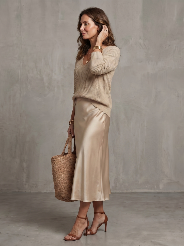 Elegant women's two-piece long sleeve sweater & midi skirt. A versatile and comfortable coordinated set.