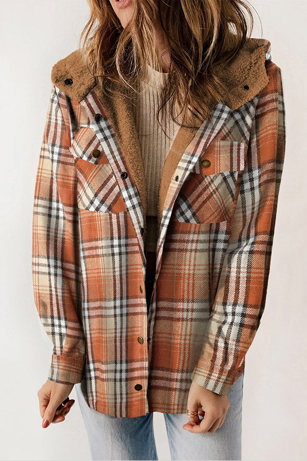 Everyday women's warm plaid jacket, hooded & buttoned, great for relaxed fall fashion.