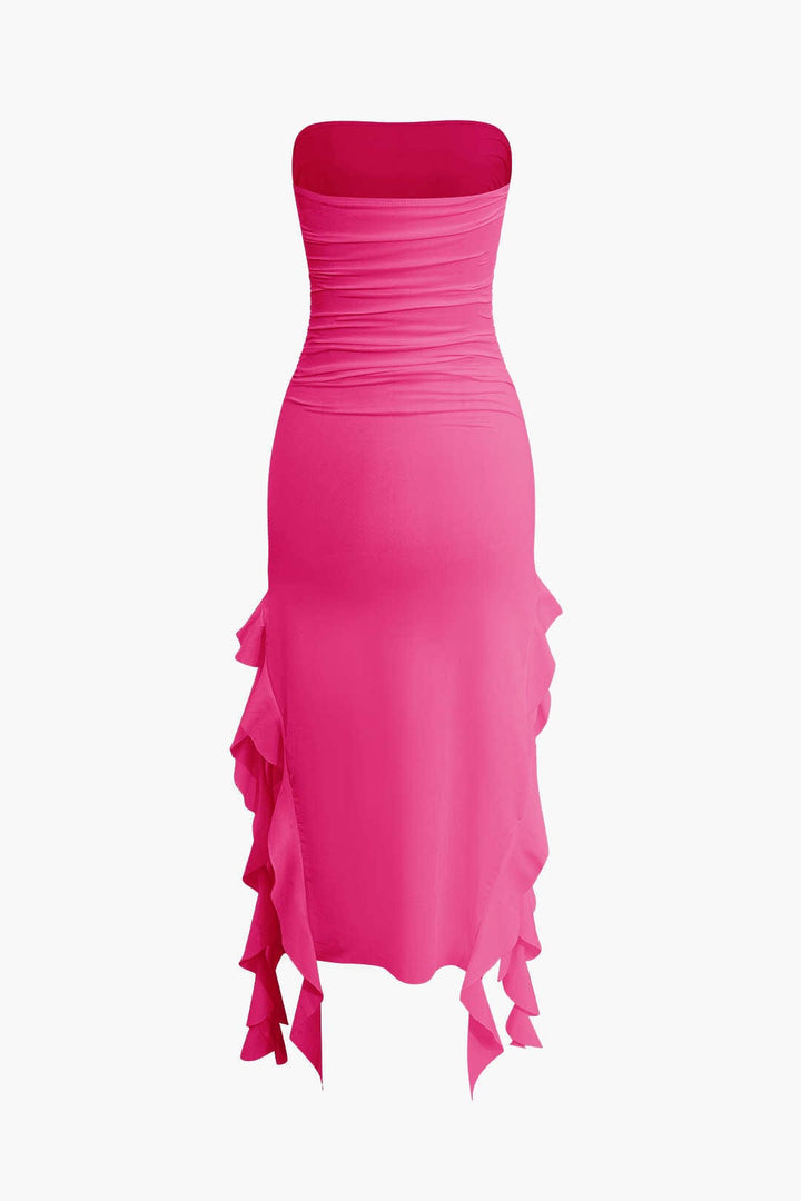Trendy strapless bodycon dress for women, midi style with a playful, elegant fringe hem.