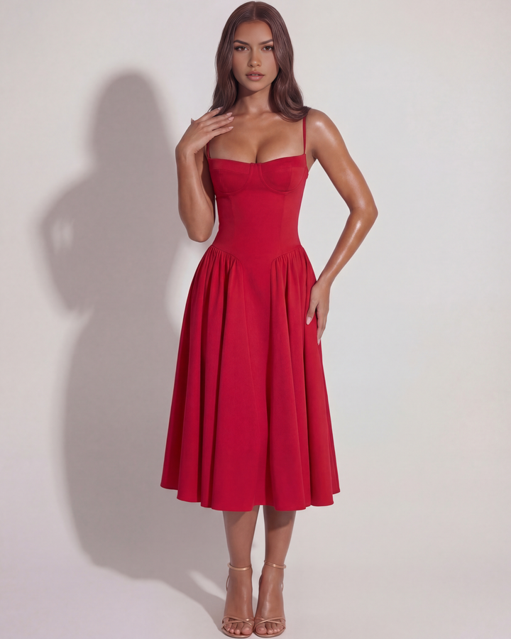 Women's elegant summer midi dress with sweetheart neckline, great for vacation.