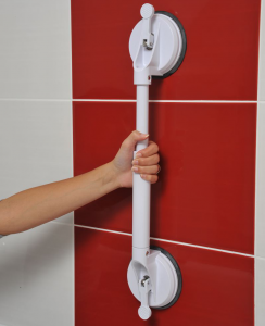 Portable suction grab bar for bathroom safety. Adjustable non-slip handle mobility aid for shower & home safety.