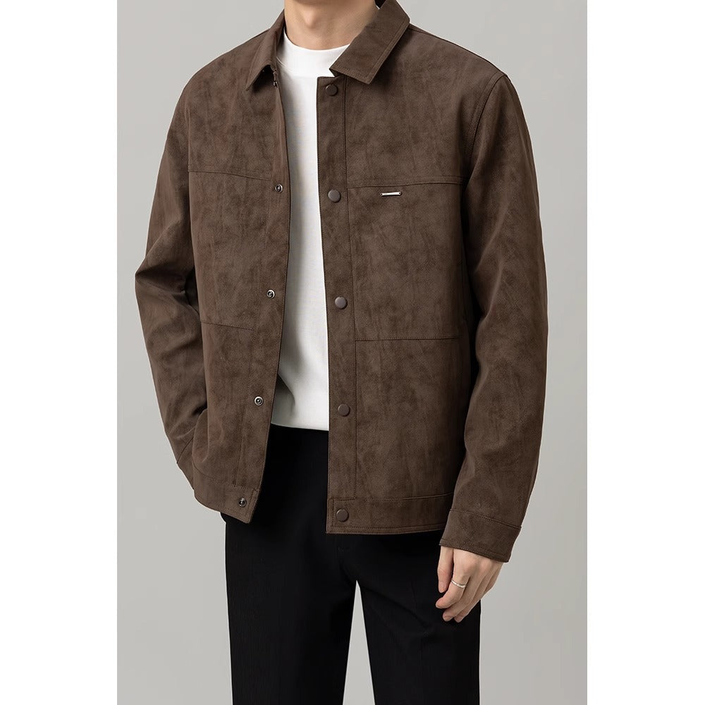 Men's brown button-down shirt jacket, versatile casual outerwear for everyday style & layering.
