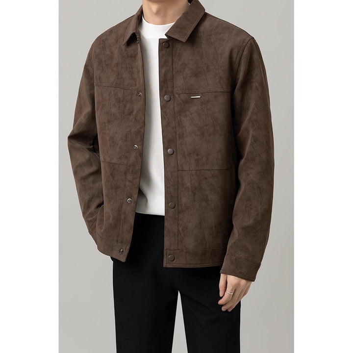 Men's brown button-down shirt jacket, versatile casual outerwear for everyday style & layering.