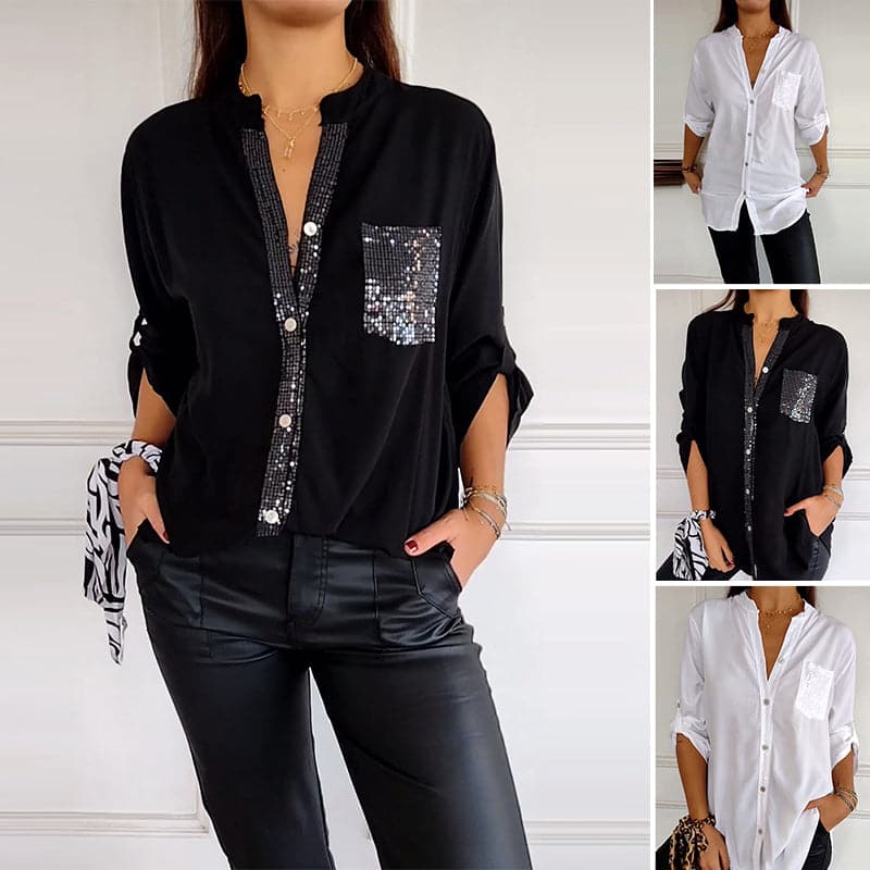 Women's elegant sequin trim button-up shirt, versatile for casual chic or evening wear.
