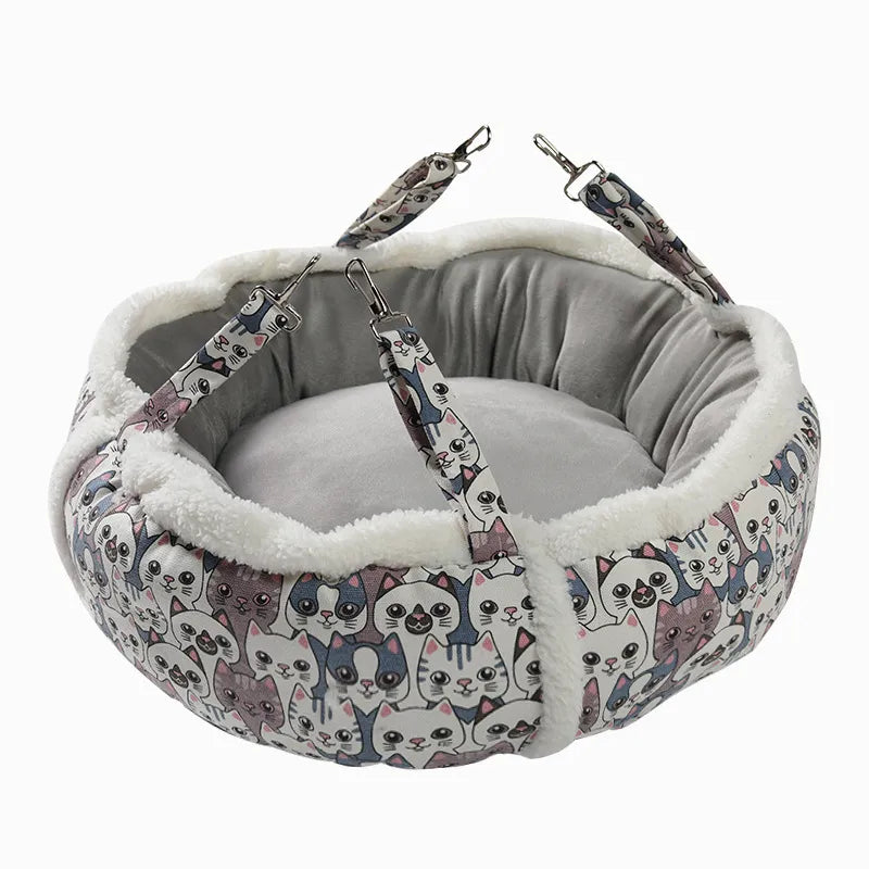Cozy plush cat bed, a soft sleeping basket with a cute pattern for a comfortable pet snooze.