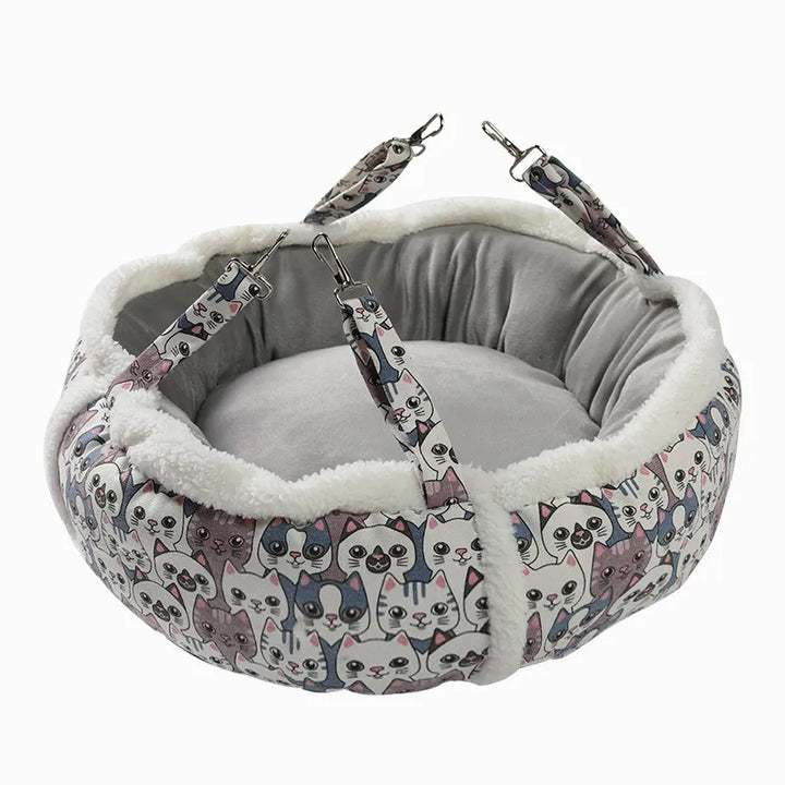 Cozy plush cat bed, a soft sleeping basket with a cute pattern for a comfortable pet snooze.