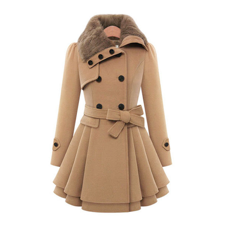 Long women's trench coat with faux fur collar, stylish and warm for fall and winter fashion.