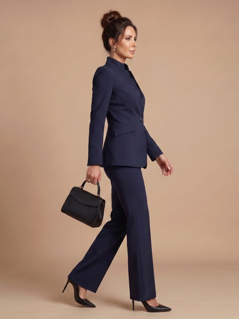 Modern women's formal suit: structured stand collar jacket and elegant flared tailored trousers.