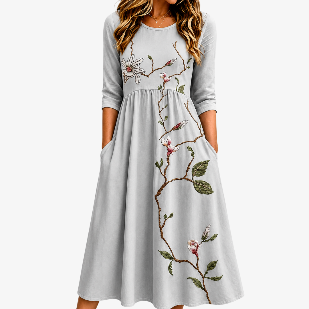 Elegant women's silver blossom print midi dress with pockets. Perfect for spring/summer casual or everyday wear.