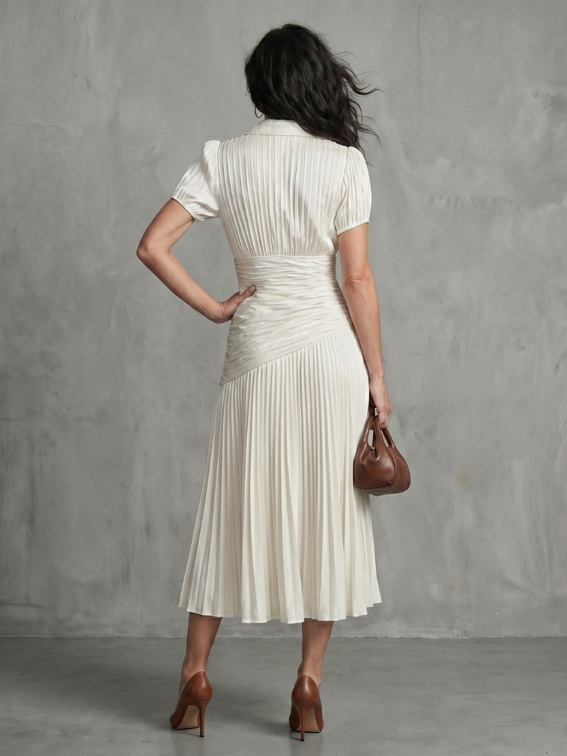 Comfortable women's stripe midi dress, with a chic pleated waistline design.
