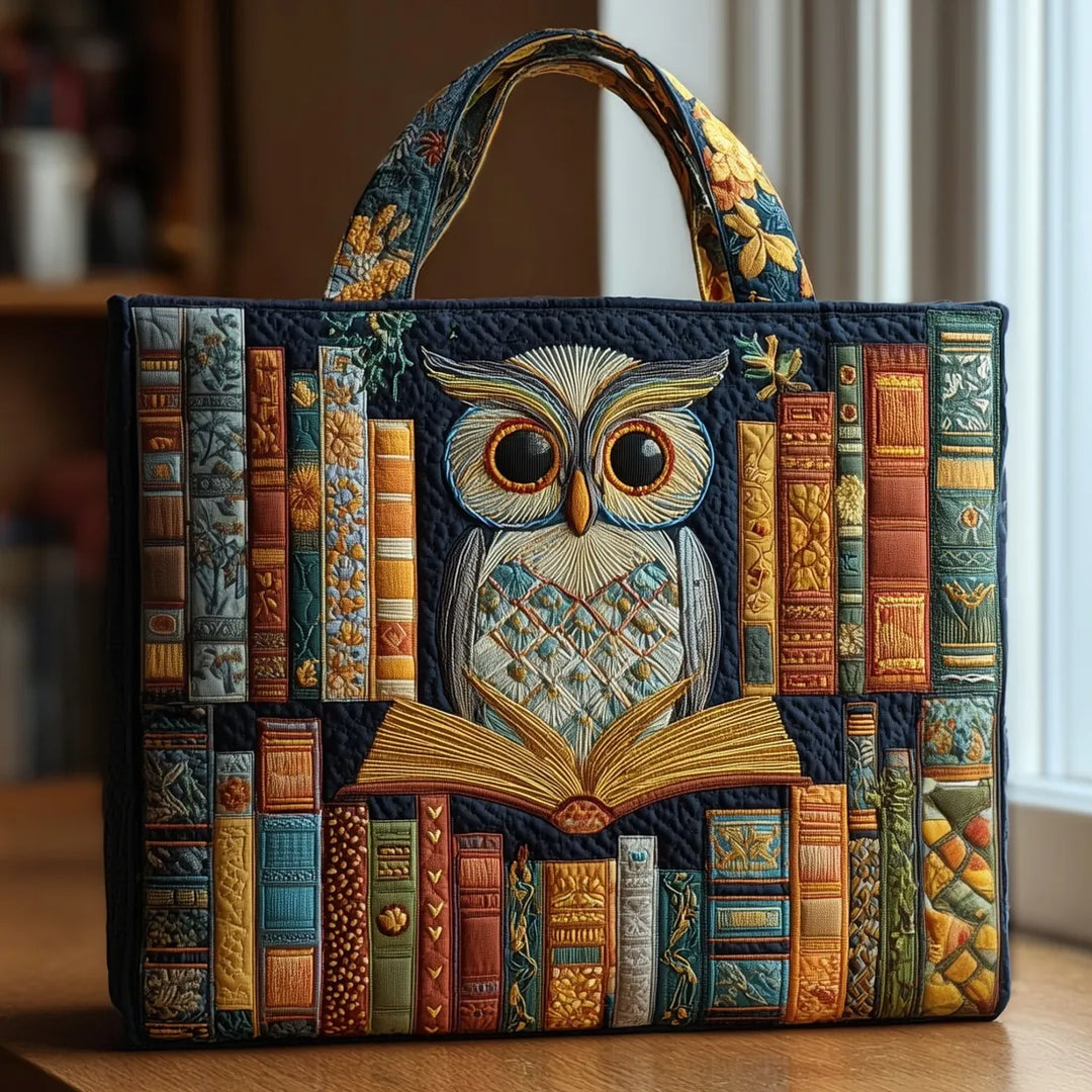 Women's unique handcrafted tote bag featuring a whimsical owl reading books design. Perfect literary accessory & reader gift.