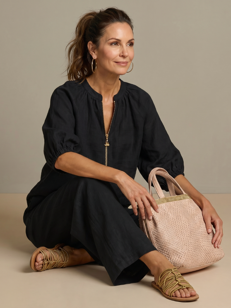Women's spring/summer fashion set: blouson zip front top & wide leg pants. Relaxed & chic.