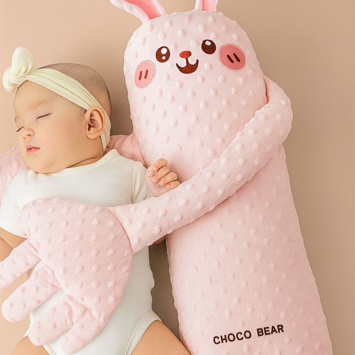Adorable rabbit Cuddle Buddy SnoozyHug, a plush comfort sleep aid for newborns & toddlers.