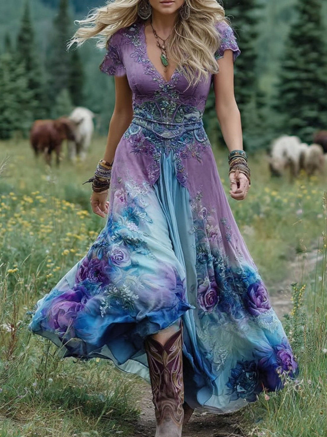 Beautiful women's flowing maxi dress with vintage floral print, ideal for daytime events or evening wear.