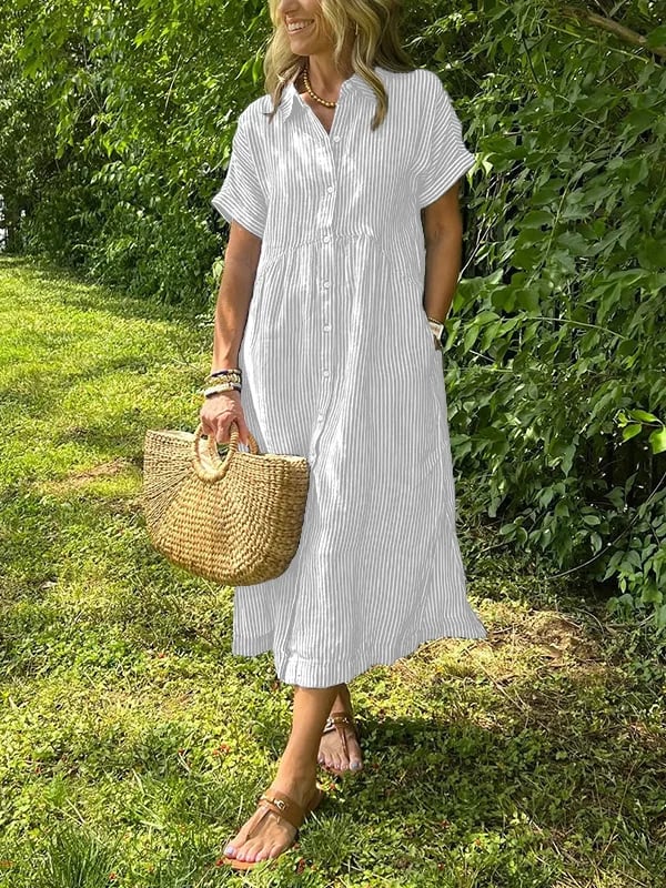 Women's elegant striped maxi shirt dress; versatile long button-down style for summer, office, or casual wear.