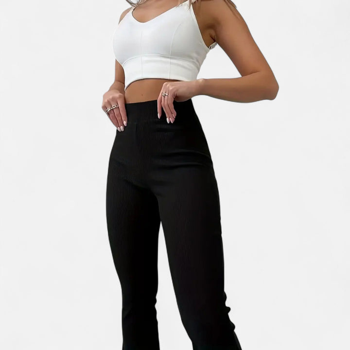 Flattering sleek modern high-waist ribbed leggings for women, ideal for elegant daily wear & comfort.