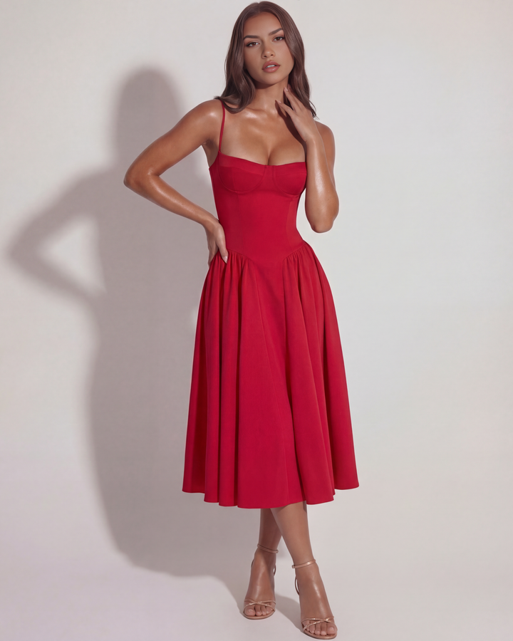 Women's elegant party midi dress, sleeveless summer style with a beautiful sweetheart neckline.