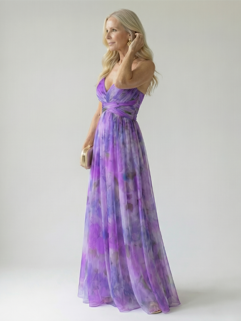 Elegant v-neck sleeveless wrap maxi dress, soft fabric, essential summer fashion.