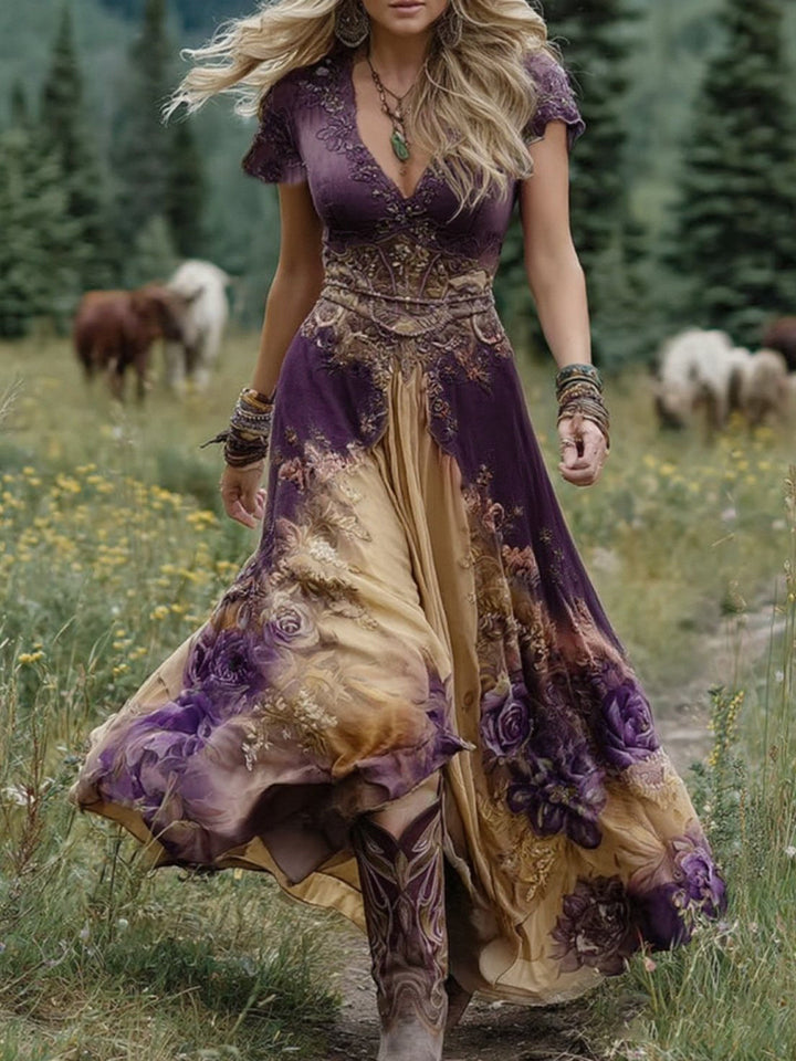 Chic women's vintage floral maxi dress with a flattering V-neck, elegant for any special occasion.