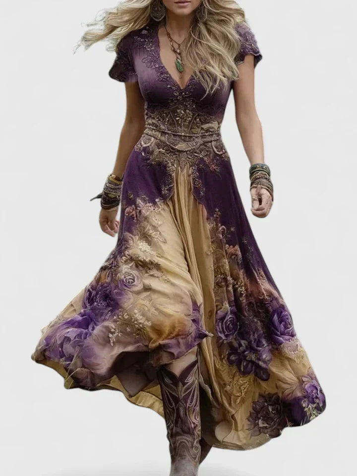 Stunning women's floral summer maxi dress, elegant and flowy, with V-neck & short sleeves for any occasion.