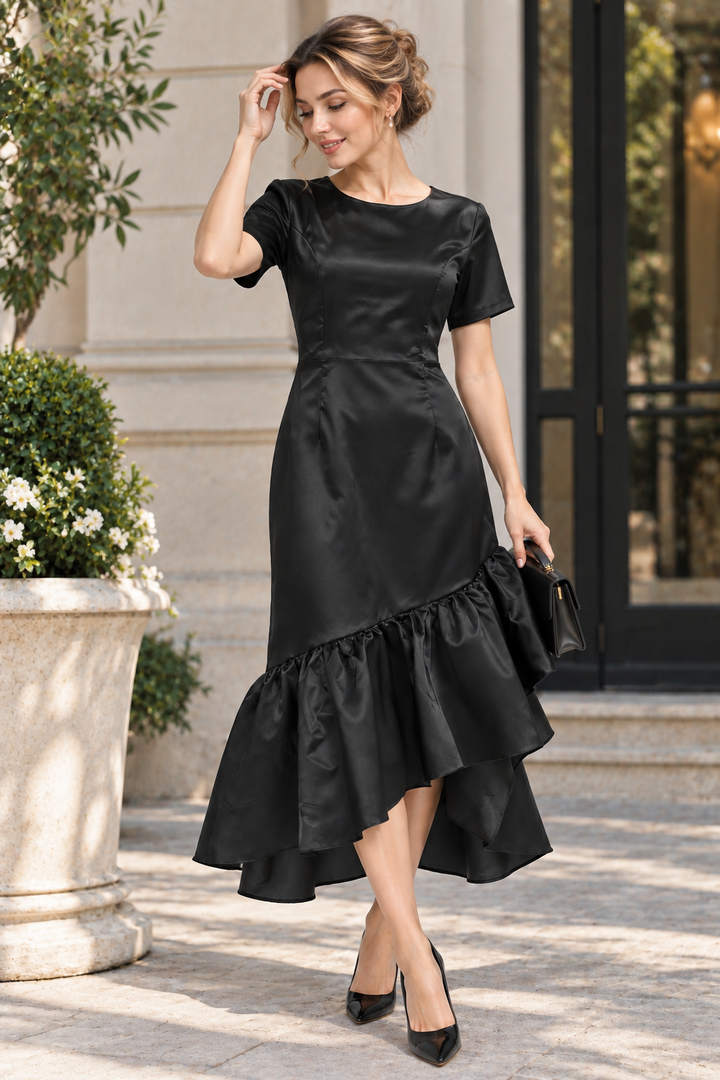 Elegant women's tailored black midi dress with ruffles, perfect for evening events & special occasions.