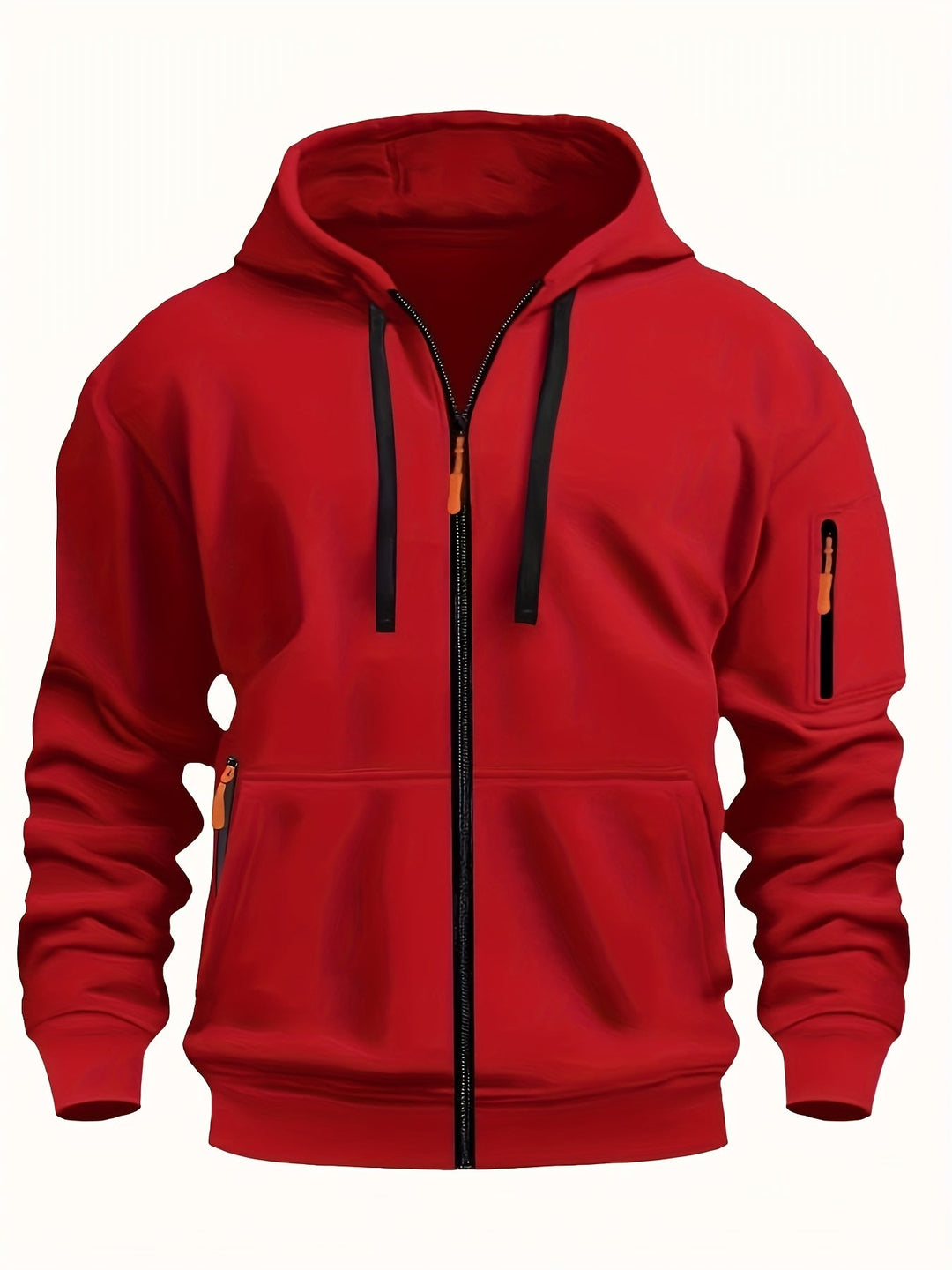 Front view of men's casual full-zip hoodie with hood.