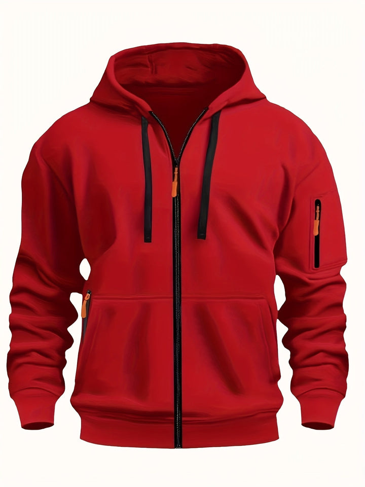 Front view of men's casual full-zip hoodie with hood.