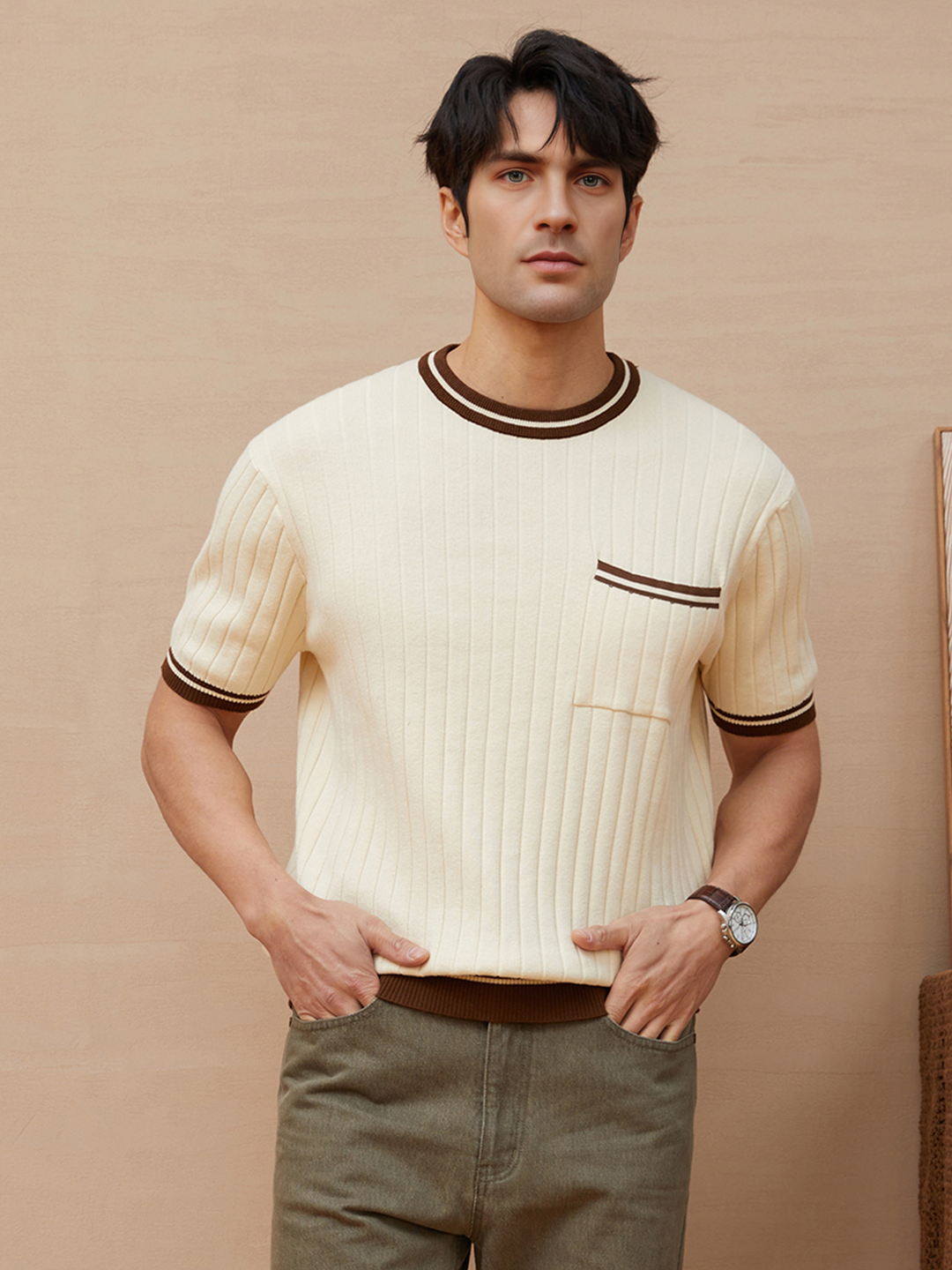 Beige men's ribbed knit polo tee, short sleeve, featuring a classic striped trim.