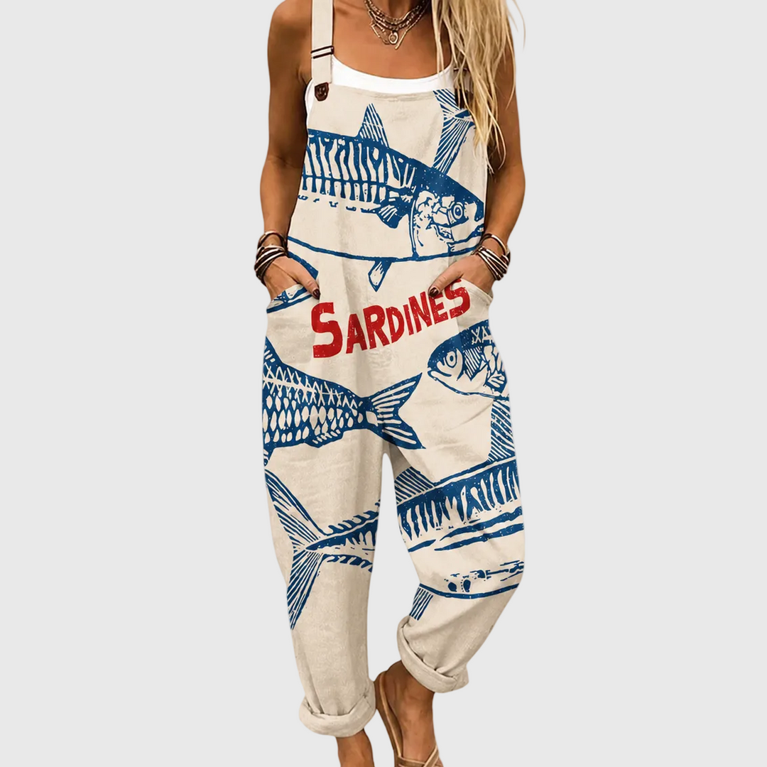 Women's relaxed sardine print jumpsuit. Comfortable, casual marine style for summer and vacation outfits.