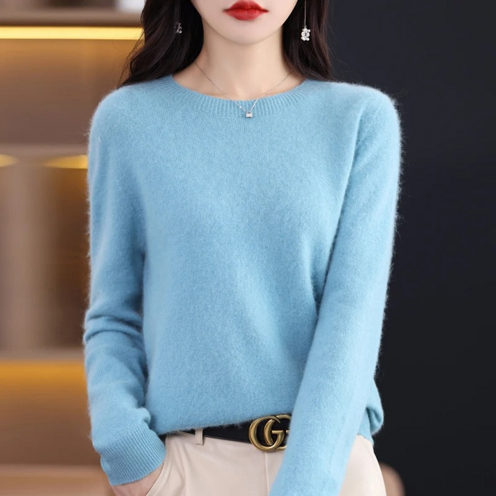 Comfortable women's round neck sweater, a soft and warm long sleeve luxury knitwear piece.