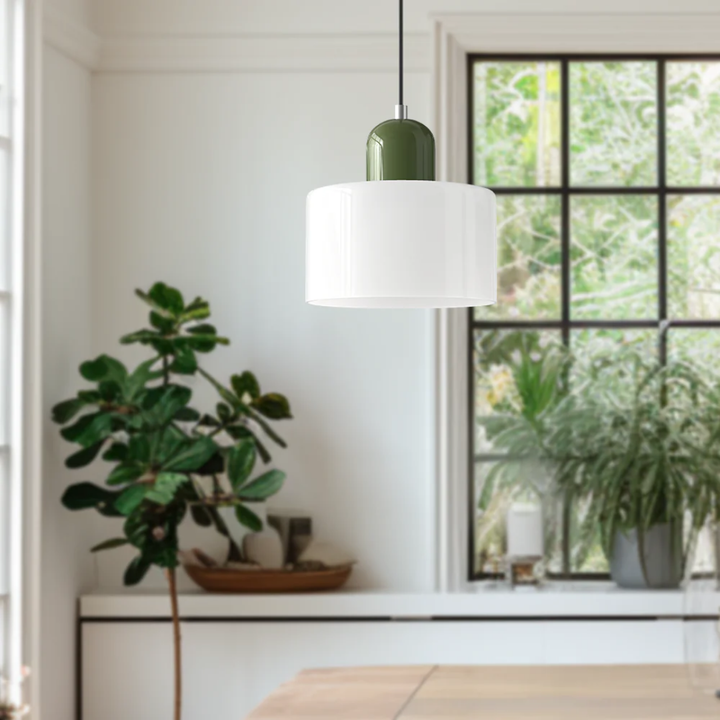 Adjustable retro glass pendant, offers warm ambient light, great for dining rooms.