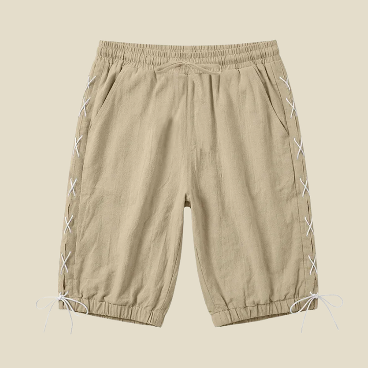 Men's relaxed fit lace-up side shorts for casual everyday style. Comfortable knee-length summer wear.