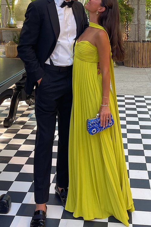 Stunning yellow off-shoulder maxi dress with flattering lacing & elegant pleats, a perfect summer or evening women's dress.