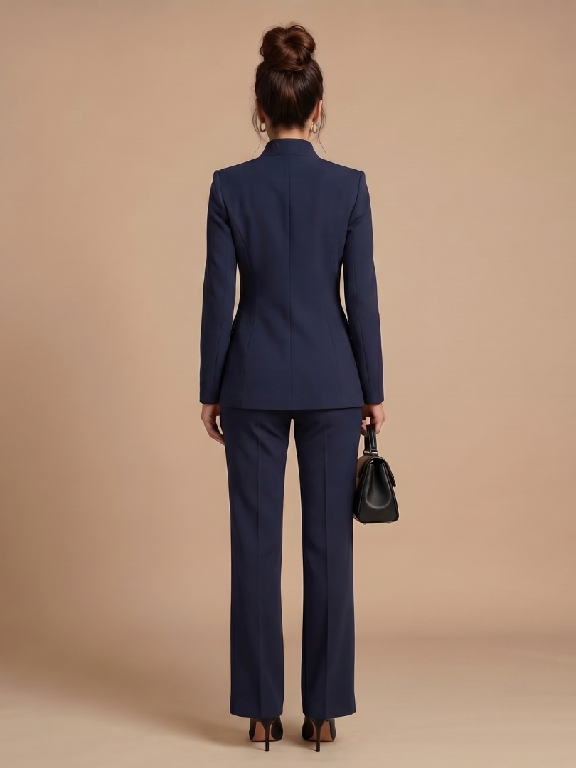 Professional women's stand collar suit, a two-piece set with comfortable flared trousers for work.