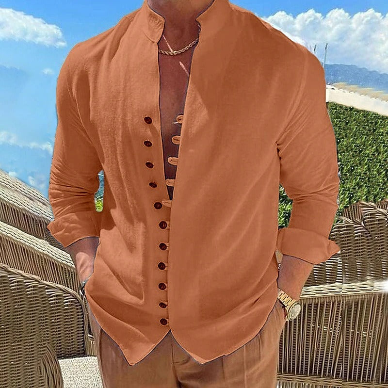 Fashionable men's casual long sleeve button-down shirt; an essential versatile top for modern style.