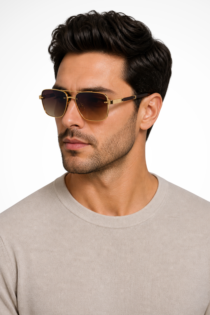 Men's aviator square sunglasses with shiny gold metal frame & gradient lenses. Fashionable eyewear.