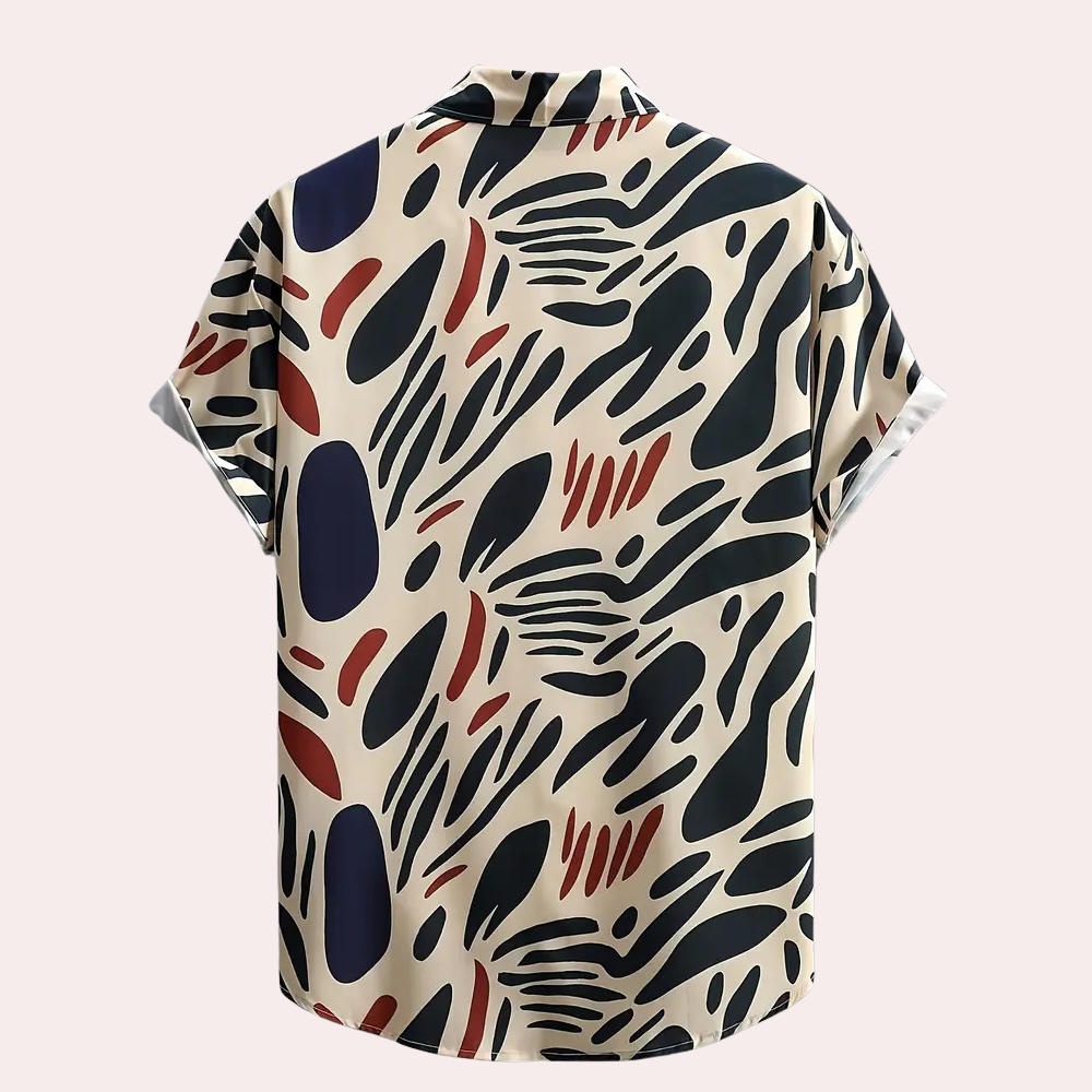 Beige men's printed short sleeve shirt with abstract pattern, relaxed fit, a versatile top for casual summer fashion.