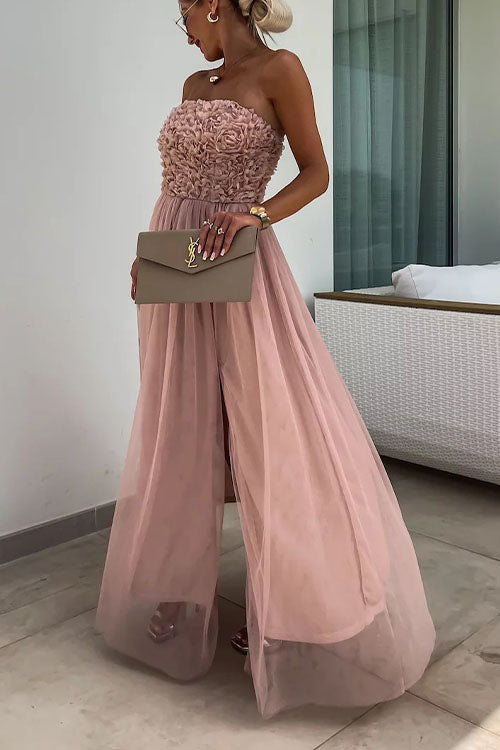 White women's elegant one-shoulder maxi dress with a daring high slit. Modern evening wear.