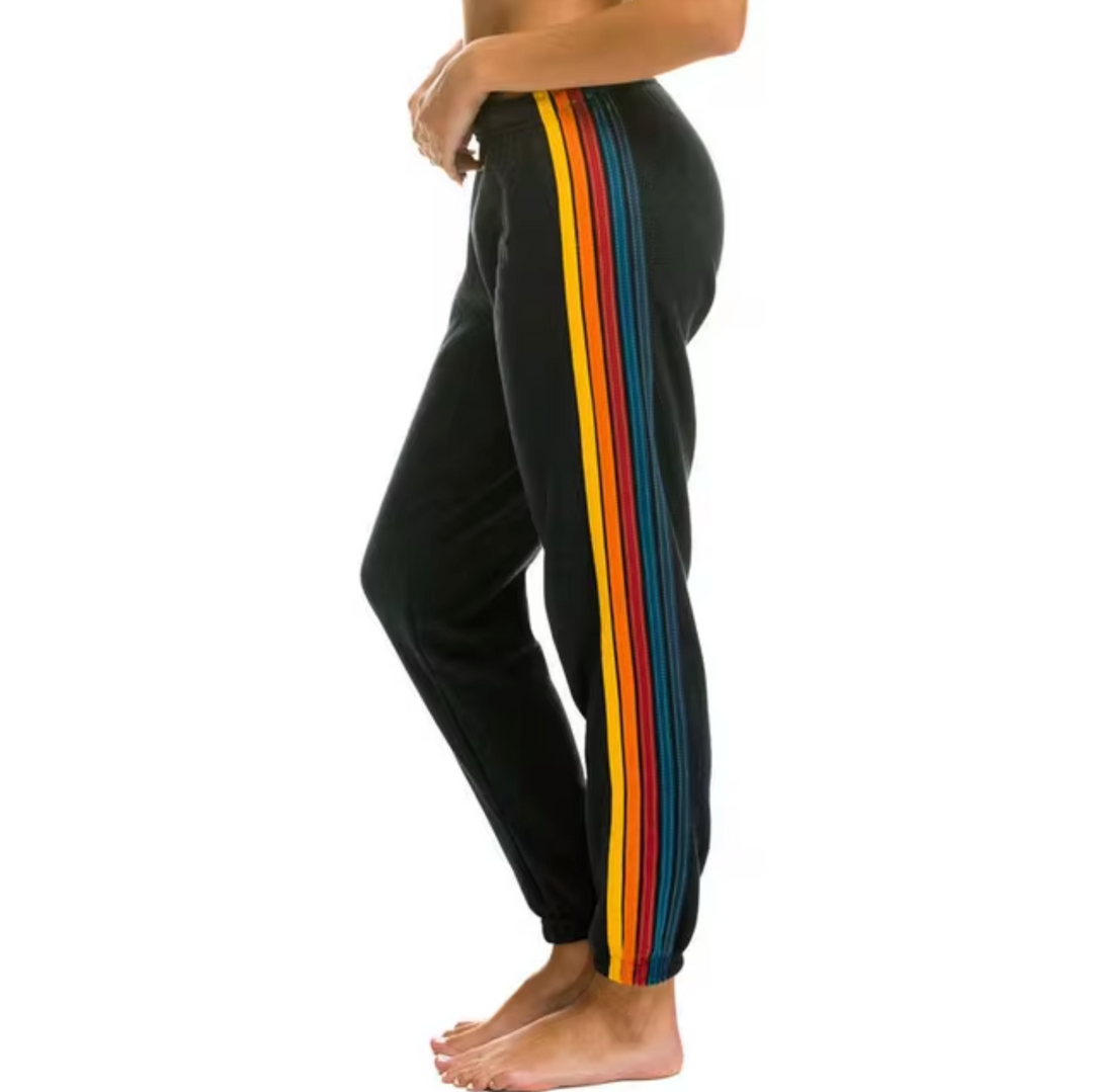Women's comfortable rainbow stripe casual pants, perfect for loungewear & everyday relaxed fit.