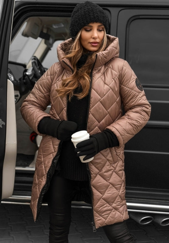 Women's diamond quilted hooded jacket, perfect stylish outerwear for fall and winter.