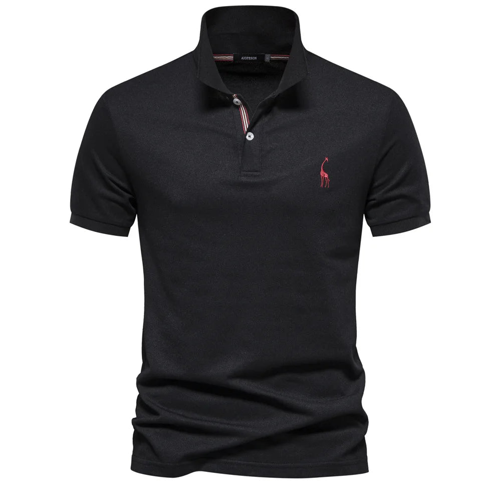 Comfortable men's short-sleeve cotton polo shirt featuring sophisticated deer embroidery.