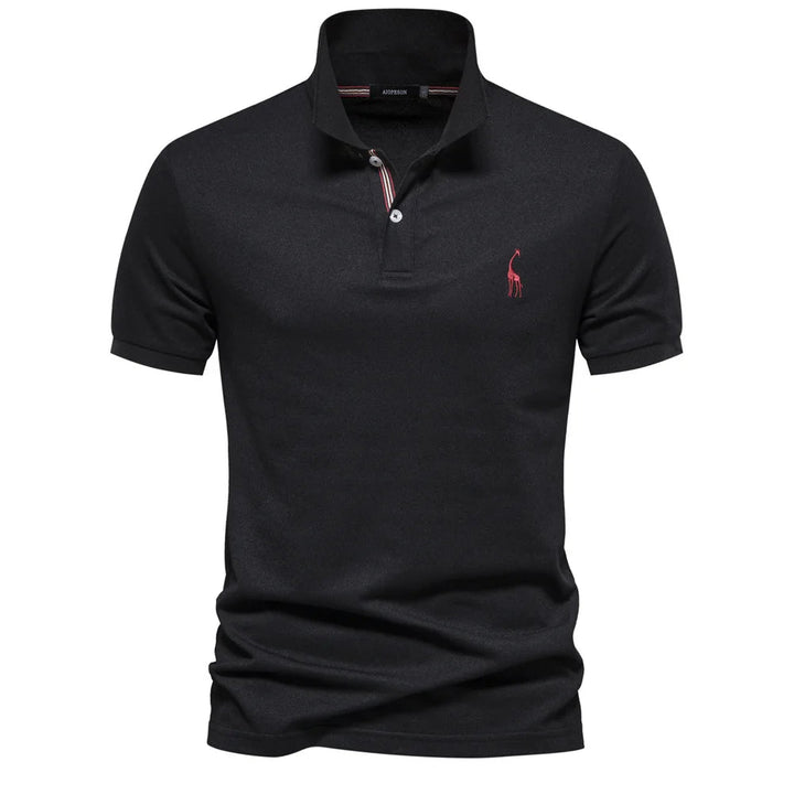 Comfortable men's short-sleeve cotton polo shirt featuring sophisticated deer embroidery.
