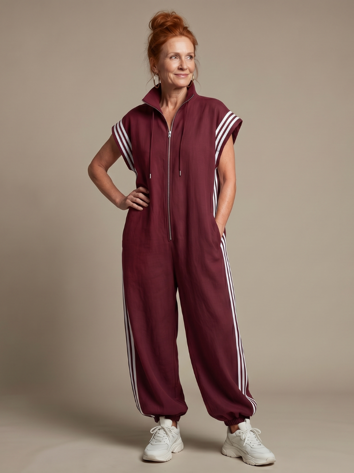 Women's zip front stripe panel jumpsuit. Effortless, full-length, relaxed fit for day or evening wear.