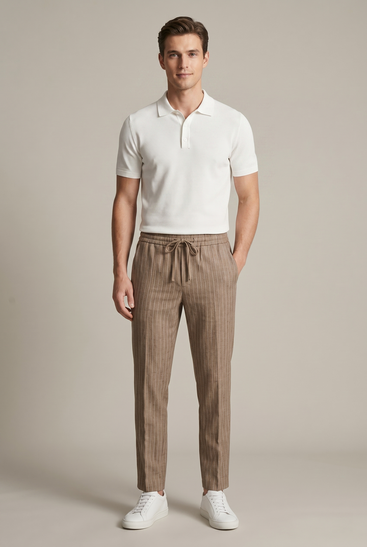 Men's smart casual pinstripe tapered trousers, comfortable elastic waist, versatile for work & everyday wear.