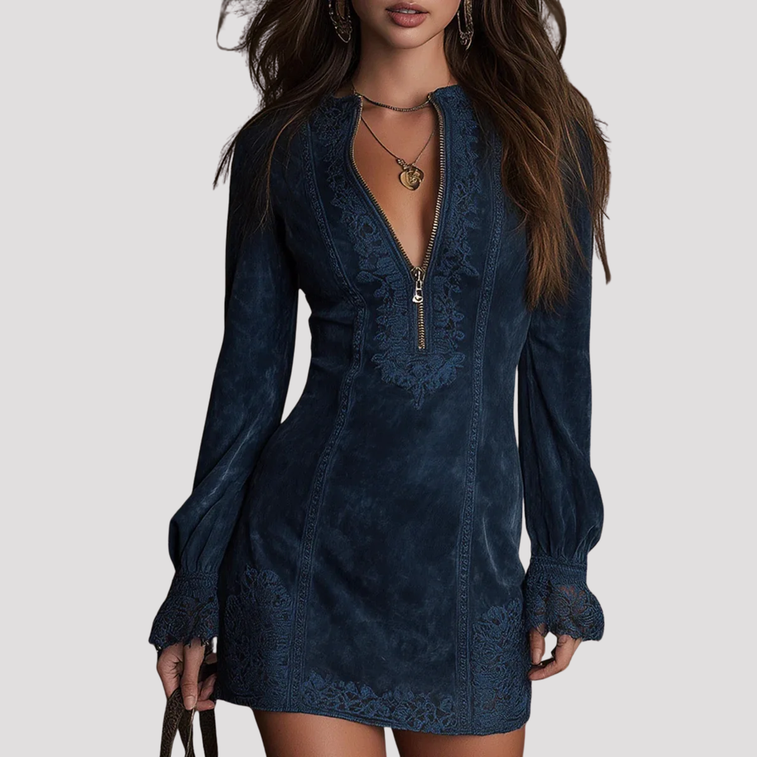 Elegant women's embroidered mini dress with zip neck, long sleeves, perfect for evening or party wear.