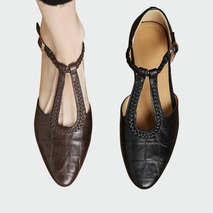 Chic women's pointed T-Bar Mary Jane shoes, classic elegant footwear with a comfortable block heel, perfect for any occasion.