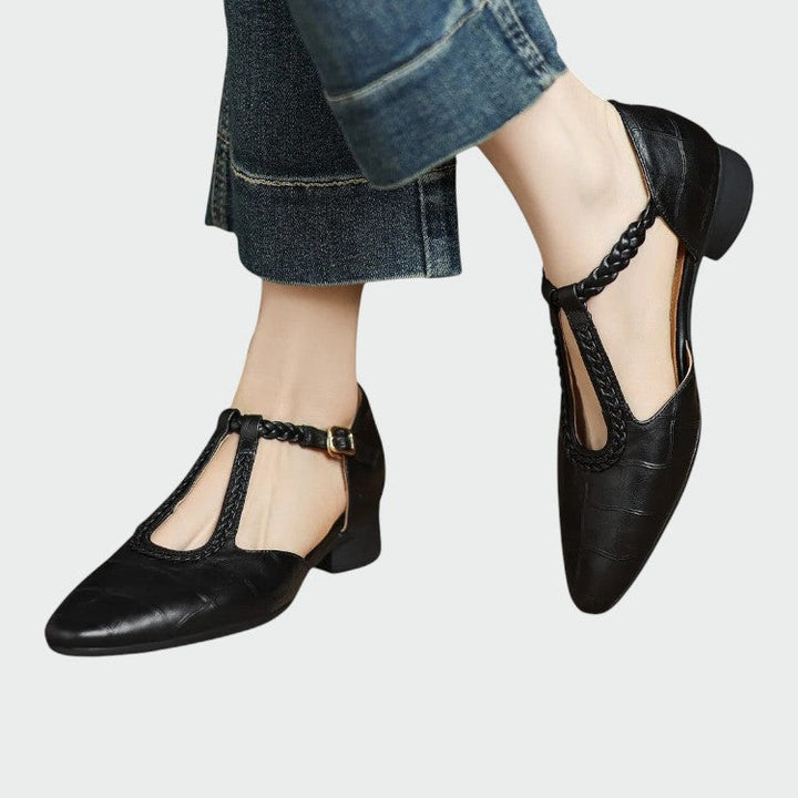 Classic brown T-Bar Mary Jane heels for women, featuring a chic pointed toe and sturdy block heel. Versatile dress shoes.