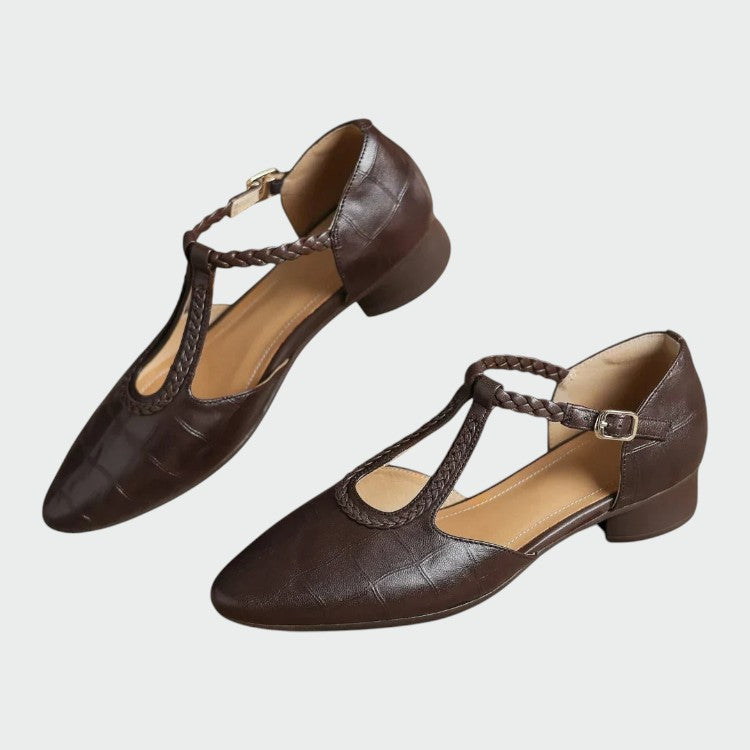 Women's comfortable T-Bar Mary Jane shoes with a sleek pointed toe and stable block heel. Classic and versatile style.